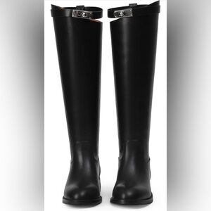 Black Knee-High Leather Riding Jumping Boots with Silver Hardware Buckle